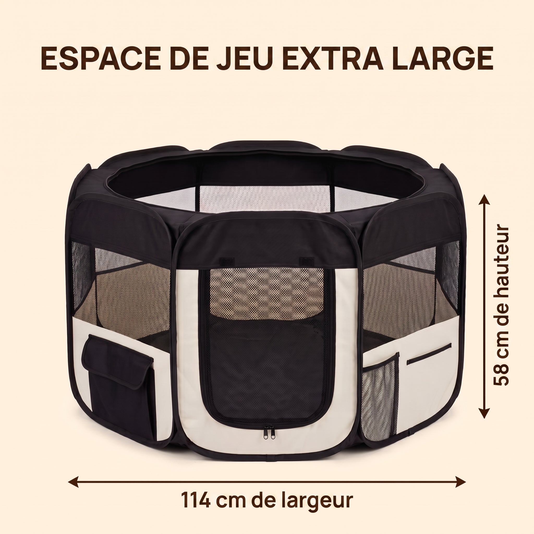 IvoQ Parc pliable pour chiot avec toit – 114 x 114 x 58 cm – Noir/Crème