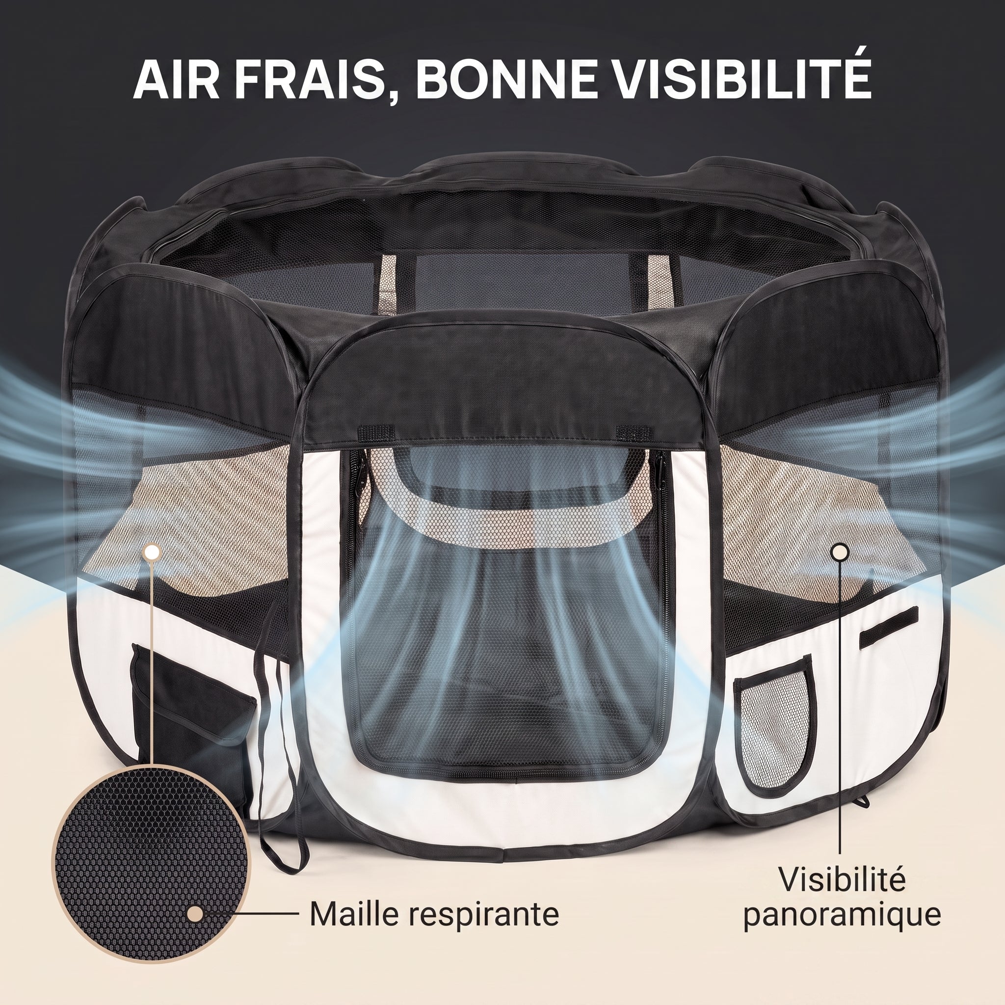 IvoQ Parc pliable pour chiot avec toit – 114 x 114 x 58 cm – Noir/Crème