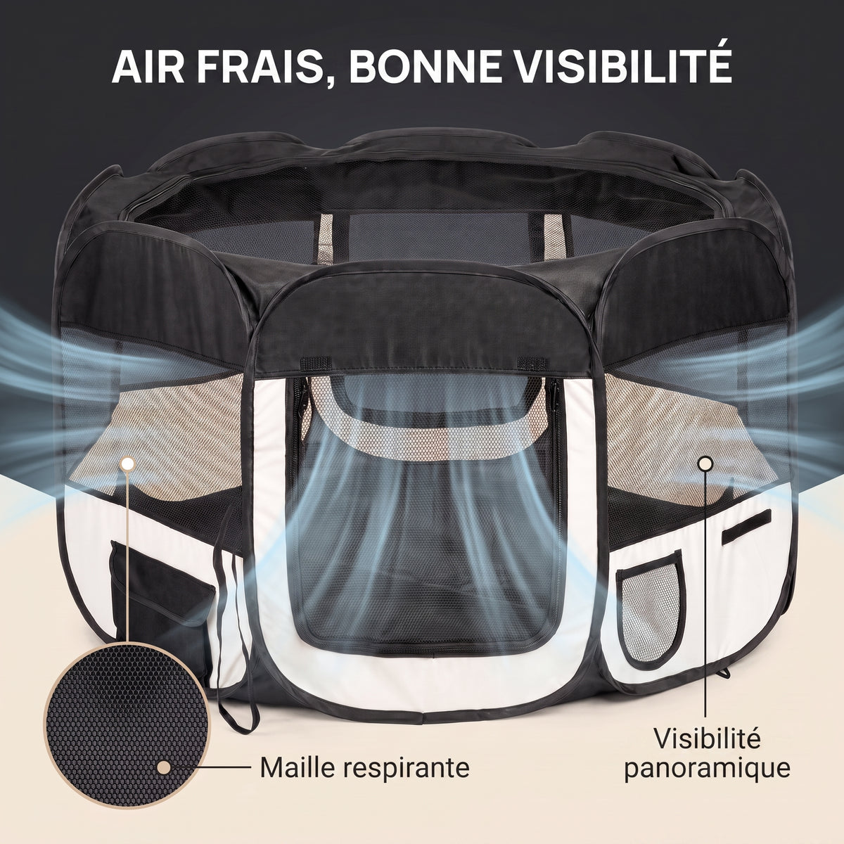 IvoQ Parc pliable pour chiot avec toit – 114 x 114 x 58 cm – Noir/Crème