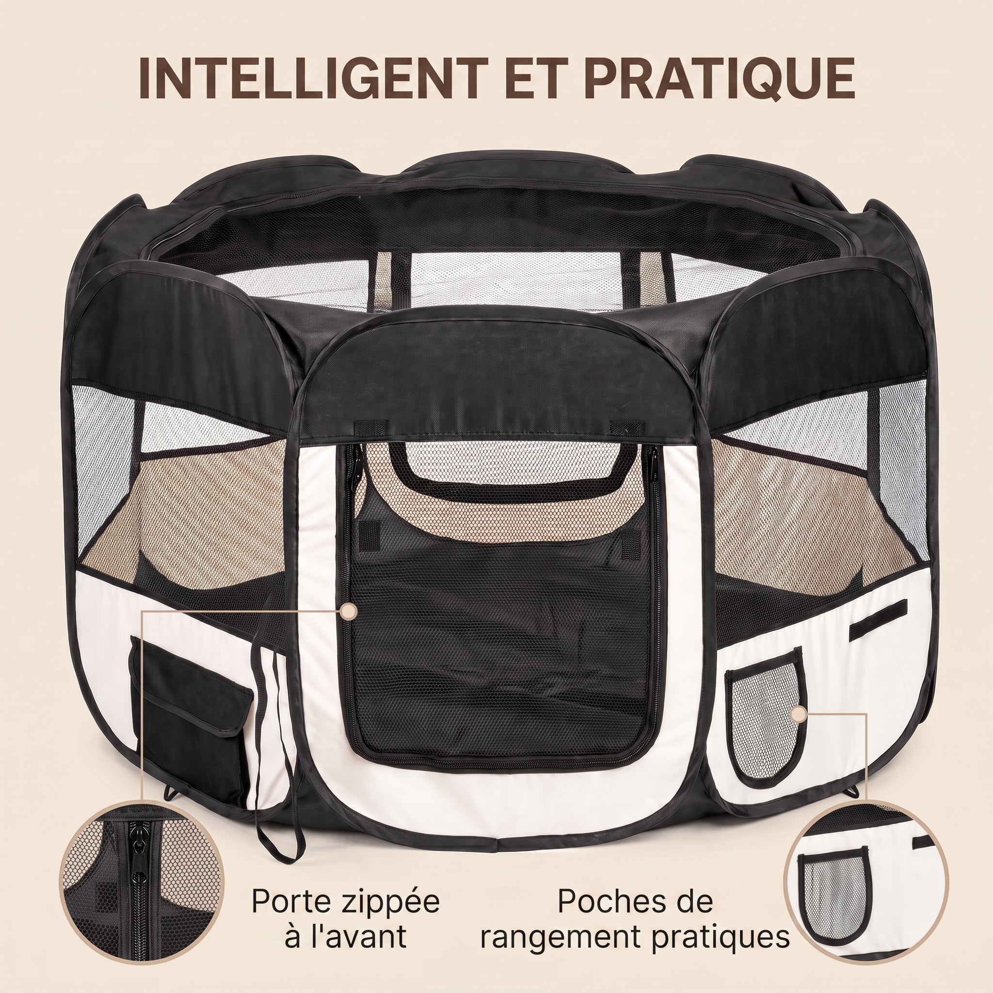 IvoQ Parc pliable pour chiot avec toit – 114 x 114 x 58 cm – Noir/Crème