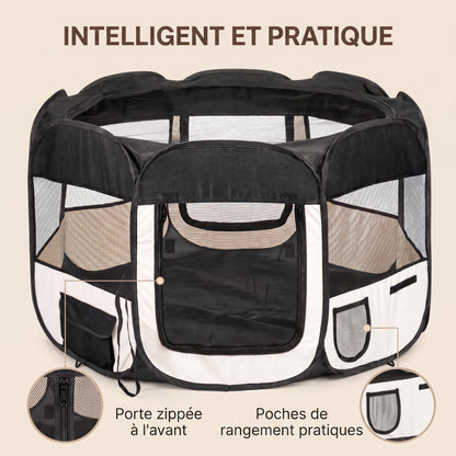 IvoQ Parc pliable pour chiot avec toit – 114 x 114 x 58 cm – Noir/Crème