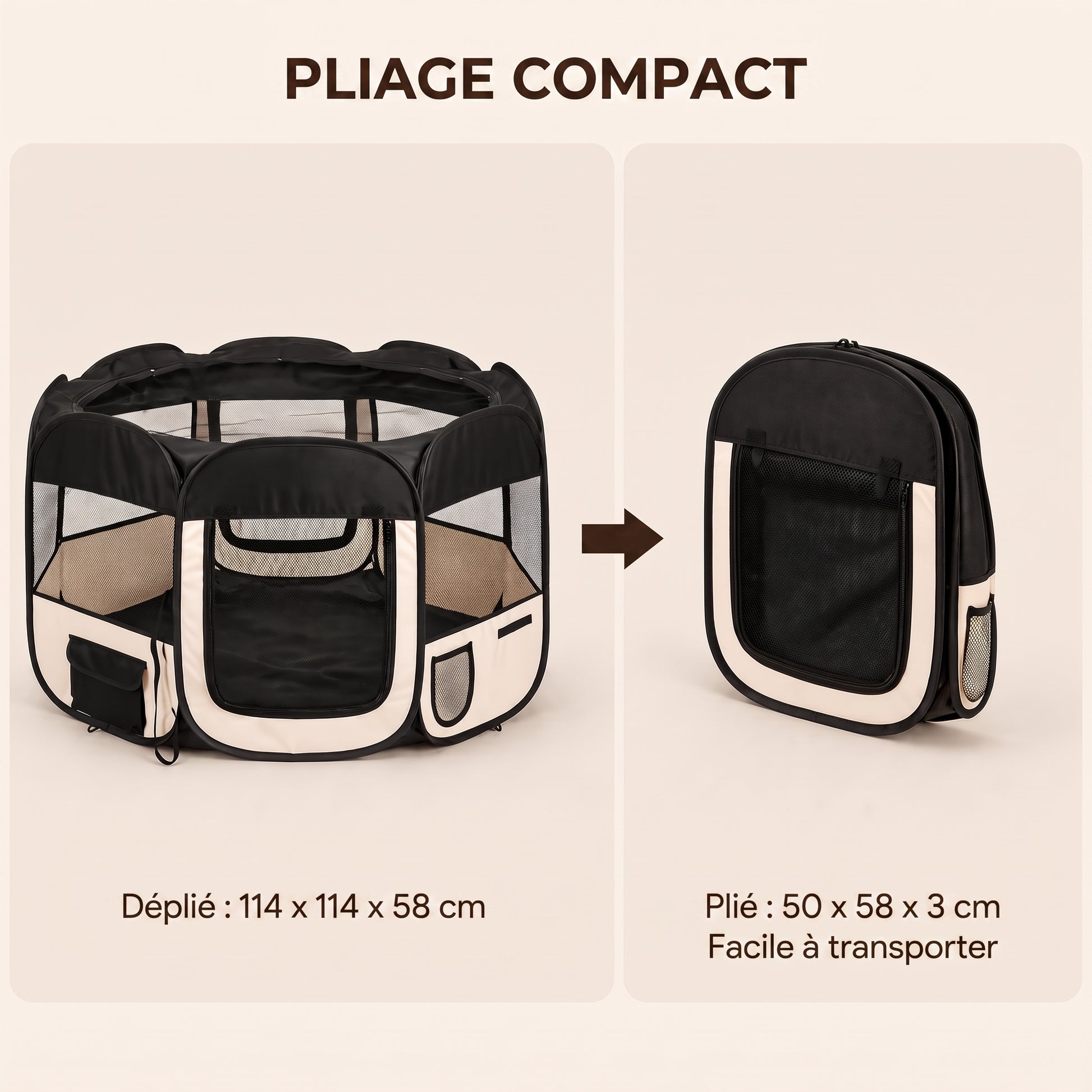 IvoQ Parc pliable pour chiot avec toit – 114 x 114 x 58 cm – Noir/Crème