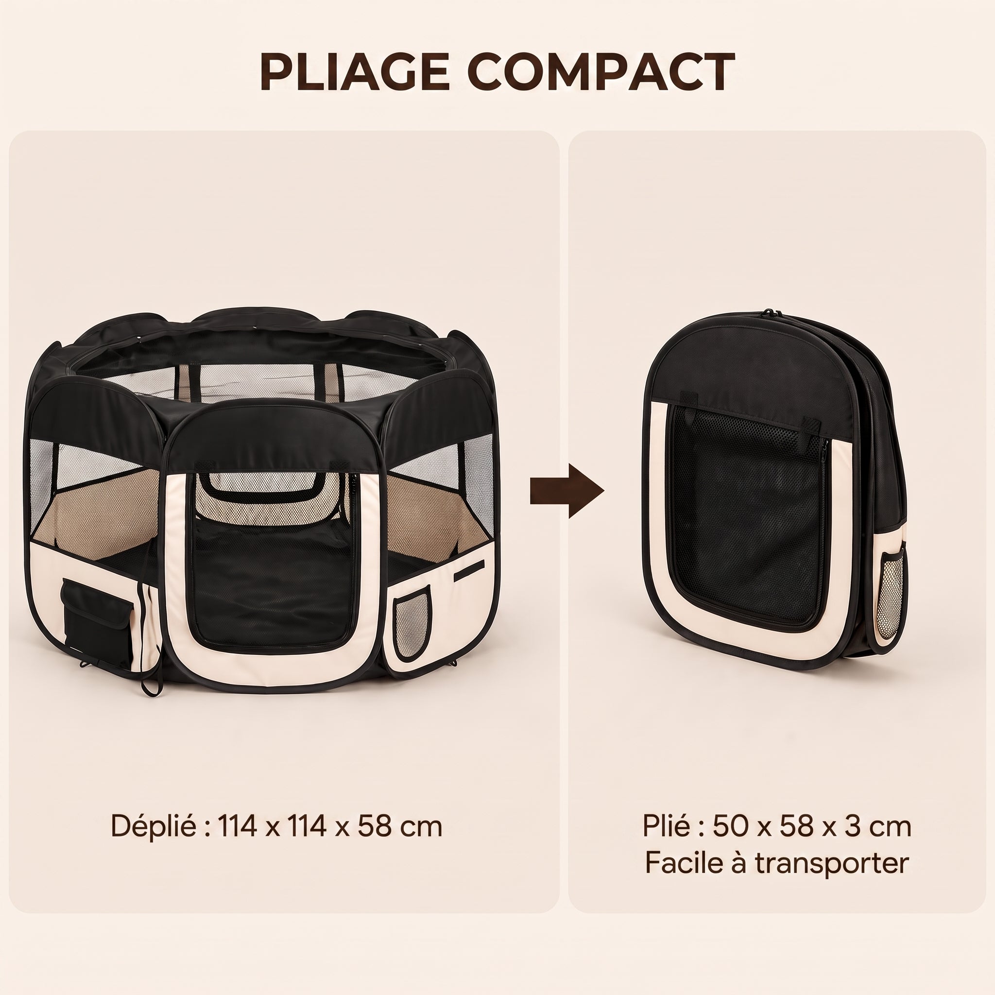 IvoQ Parc pliable pour chiot avec toit – 114 x 114 x 58 cm – Noir/Crème