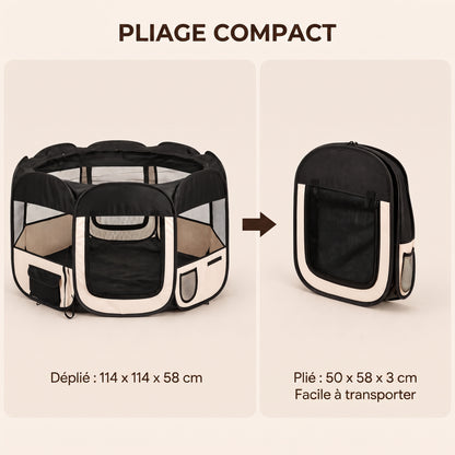 IvoQ Parc pliable pour chiot avec toit – 114 x 114 x 58 cm – Noir/Crème