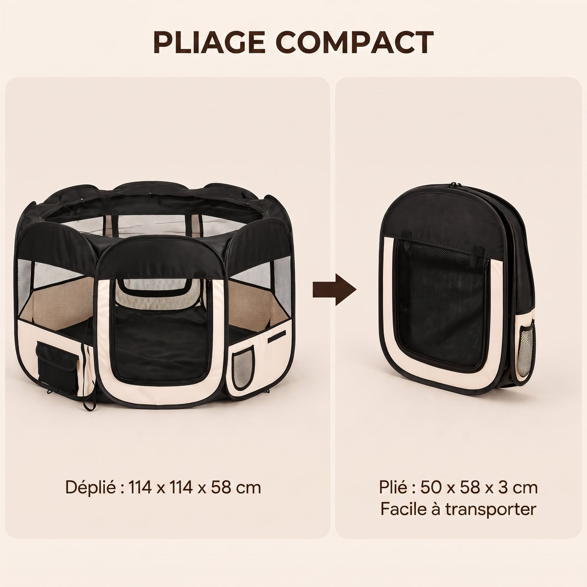 IvoQ Parc pliable pour chiot avec toit – 114 x 114 x 58 cm – Noir/Crème