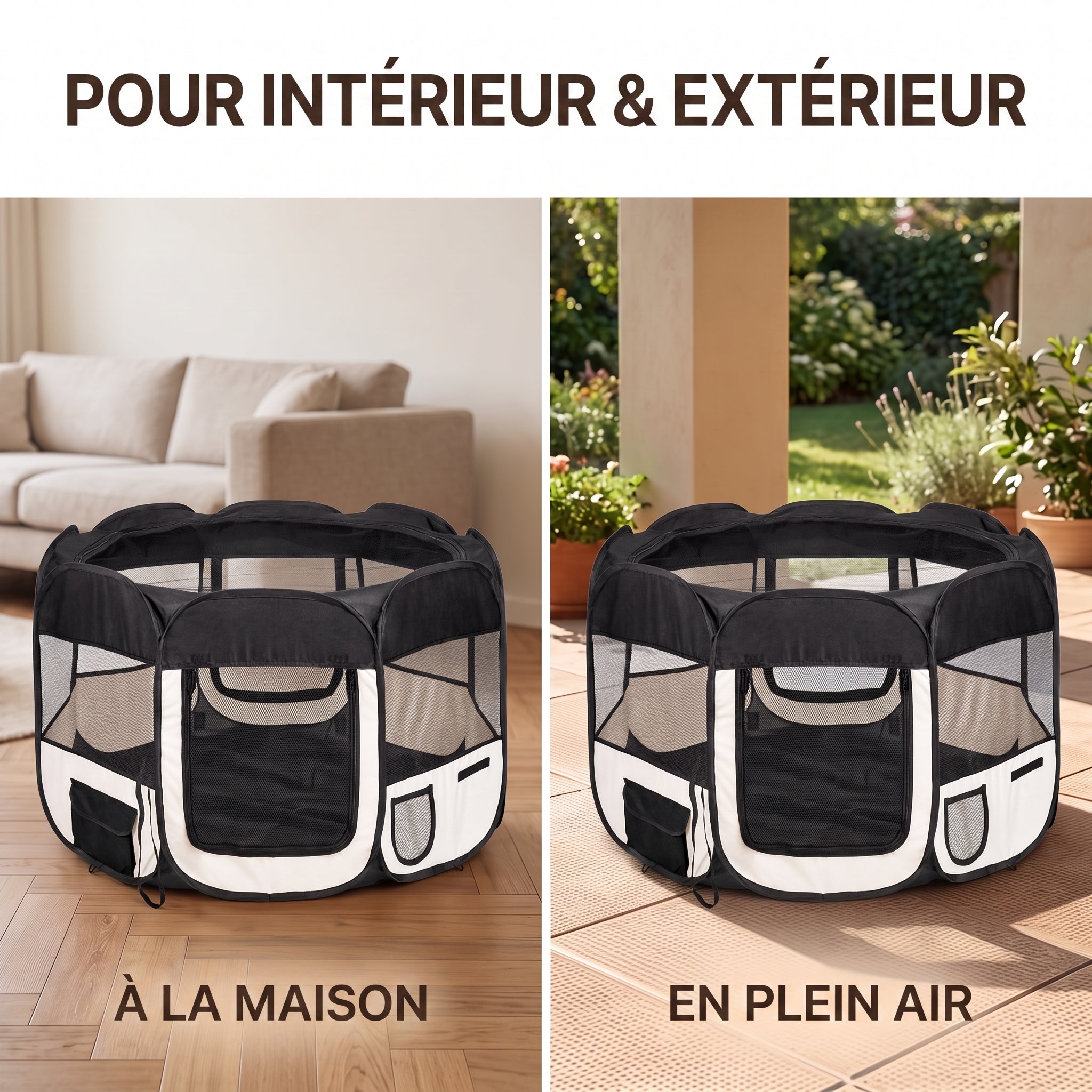IvoQ Parc pliable pour chiot avec toit – 114 x 114 x 58 cm – Noir/Crème