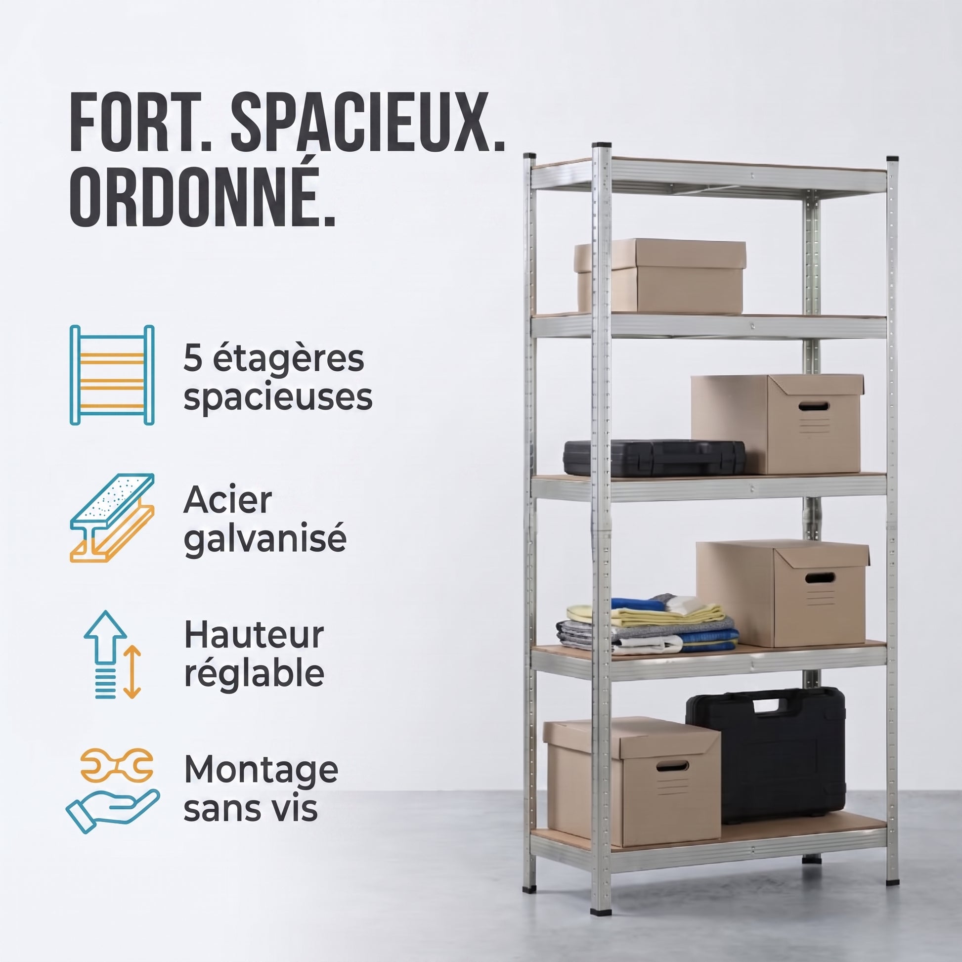 IvoQ Étagère de rangement – 180 x 90 x 40 cm – 5 étagères réglables – Capacité de charge de 875 kg – Acier galvanisé