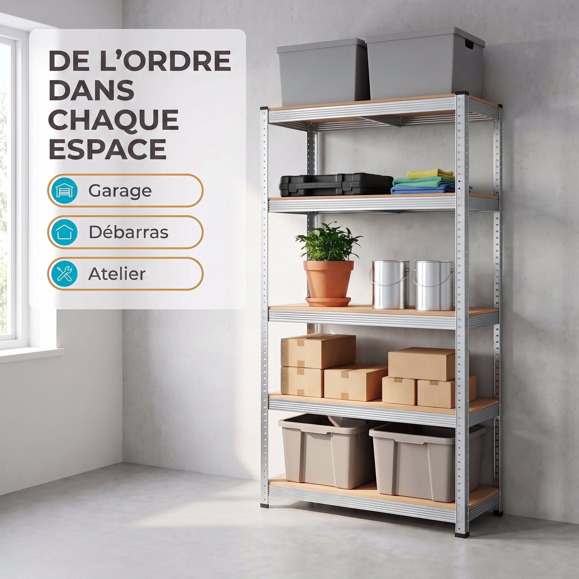 IvoQ Étagère de rangement – 180 x 90 x 40 cm – 5 étagères réglables – Capacité de charge de 875 kg – Acier galvanisé