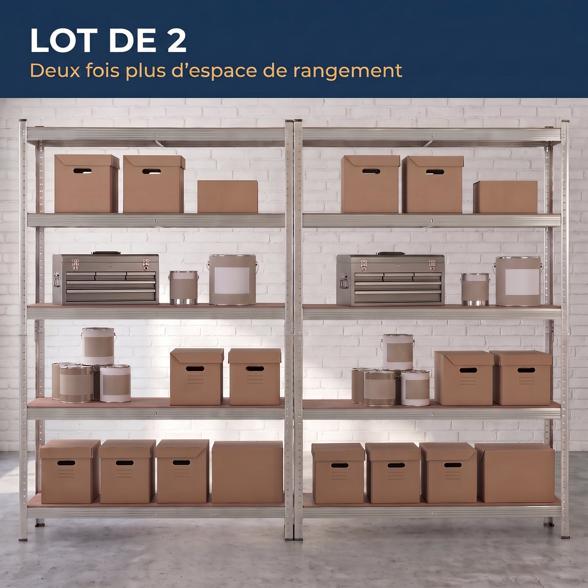 IvoQ Étagères de rangement lot de 2 – 180 x 90 x 40 cm – Métal galvanisé – 5 étagères en MDF – Pour garage et abri