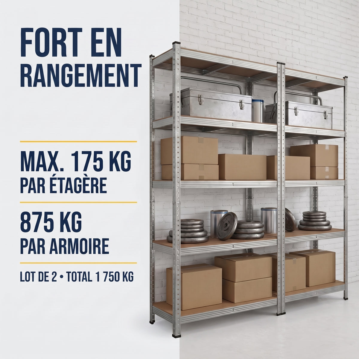 IvoQ Étagères de rangement lot de 2 – 180 x 90 x 40 cm – Métal galvanisé – 5 étagères en MDF – Pour garage et abri