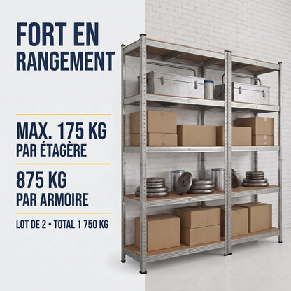 IvoQ Étagères de rangement lot de 2 – 180 x 90 x 40 cm – Métal galvanisé – 5 étagères en MDF – Pour garage et abri