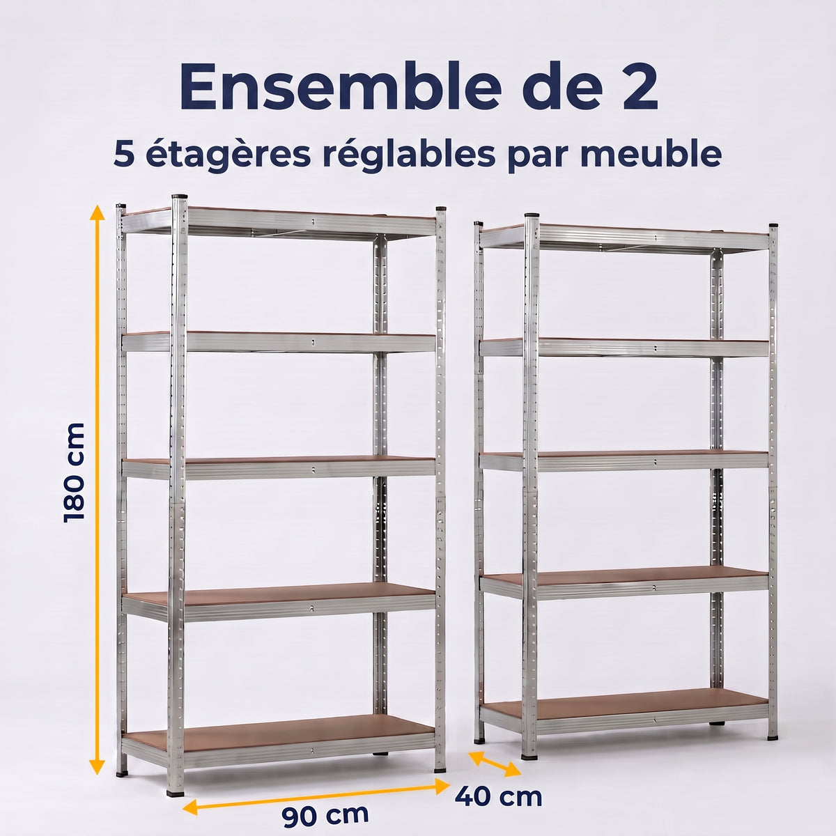 IvoQ Étagères de rangement lot de 2 – 180 x 90 x 40 cm – Métal galvanisé – 5 étagères en MDF – Pour garage et abri