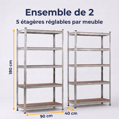 IvoQ Étagères de rangement lot de 2 – 180 x 90 x 40 cm – Métal galvanisé – 5 étagères en MDF – Pour garage et abri
