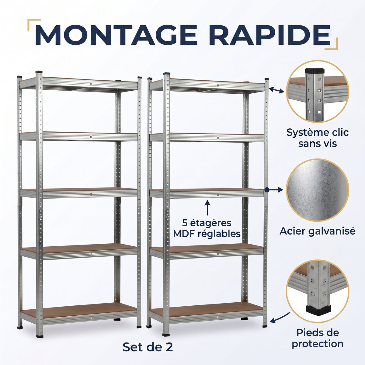 IvoQ Étagères de rangement lot de 2 – 180 x 90 x 40 cm – Métal galvanisé – 5 étagères en MDF – Pour garage et abri