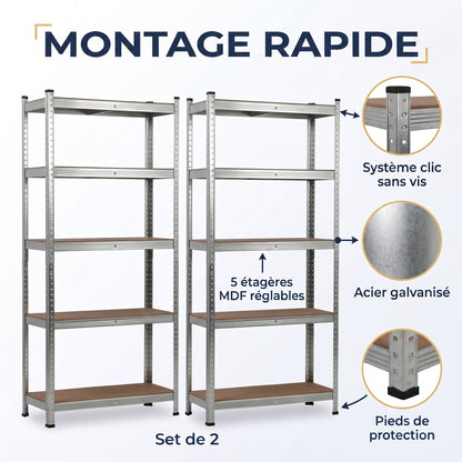 IvoQ Étagères de rangement lot de 2 – 180 x 90 x 40 cm – Métal galvanisé – 5 étagères en MDF – Pour garage et abri