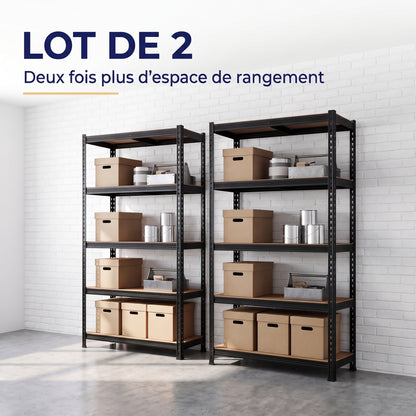 IvoQ Étagère de rangement lot de 2 – 180 x 90 x 40 cm – 175 kg par tablette – 5 tablettes MDF réglables – Noir