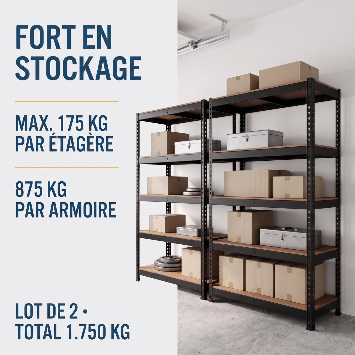 IvoQ Étagère de rangement lot de 2 – 180 x 90 x 40 cm – 175 kg par tablette – 5 tablettes MDF réglables – Noir