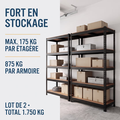 IvoQ Étagère de rangement lot de 2 – 180 x 90 x 40 cm – 175 kg par tablette – 5 tablettes MDF réglables – Noir