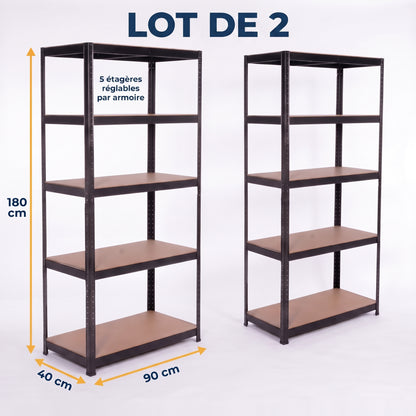 IvoQ Étagère de rangement lot de 2 – 180 x 90 x 40 cm – 175 kg par tablette – 5 tablettes MDF réglables – Noir