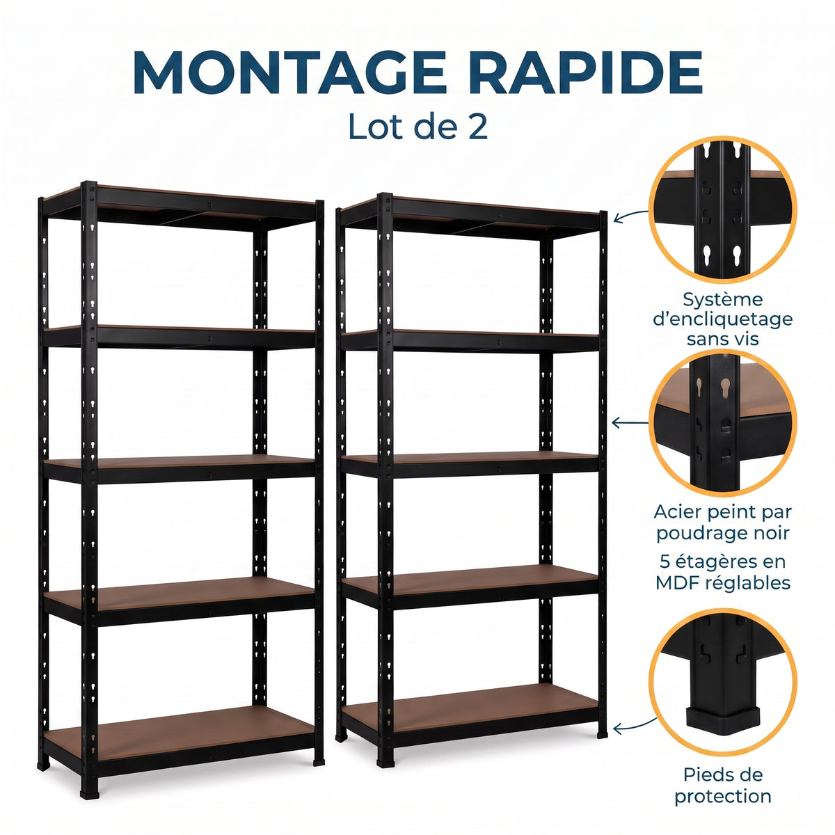 IvoQ Étagère de rangement lot de 2 – 180 x 90 x 40 cm – 175 kg par tablette – 5 tablettes MDF réglables – Noir