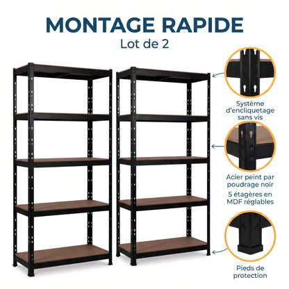 IvoQ Étagère de rangement lot de 2 – 180 x 90 x 40 cm – 175 kg par tablette – 5 tablettes MDF réglables – Noir