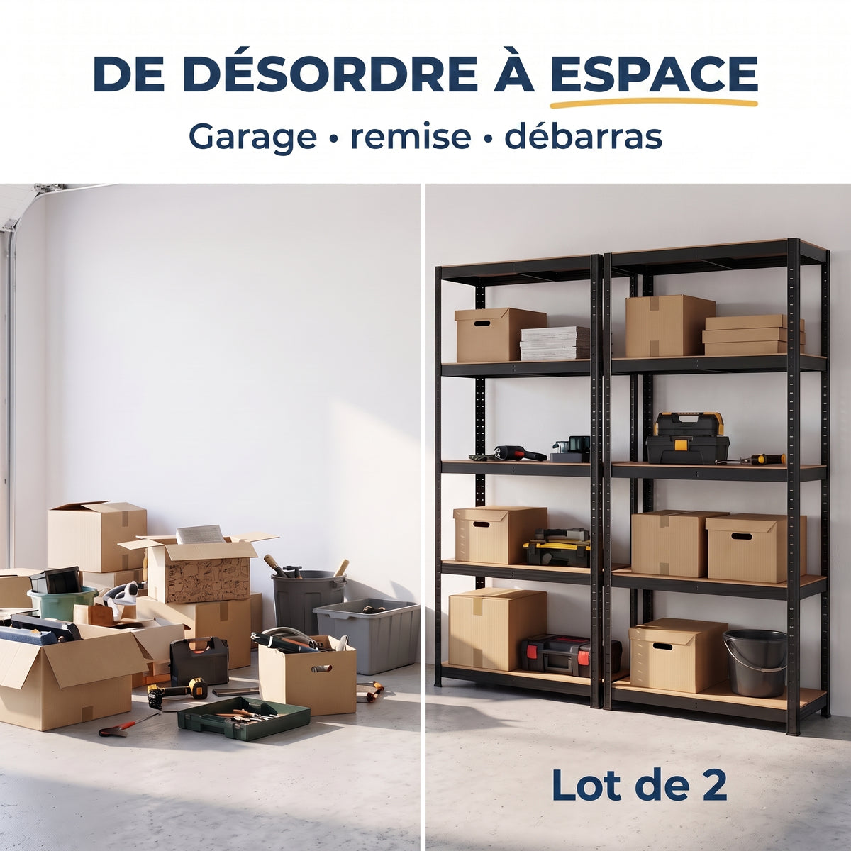 IvoQ Étagère de rangement lot de 2 – 180 x 90 x 40 cm – 175 kg par tablette – 5 tablettes MDF réglables – Noir