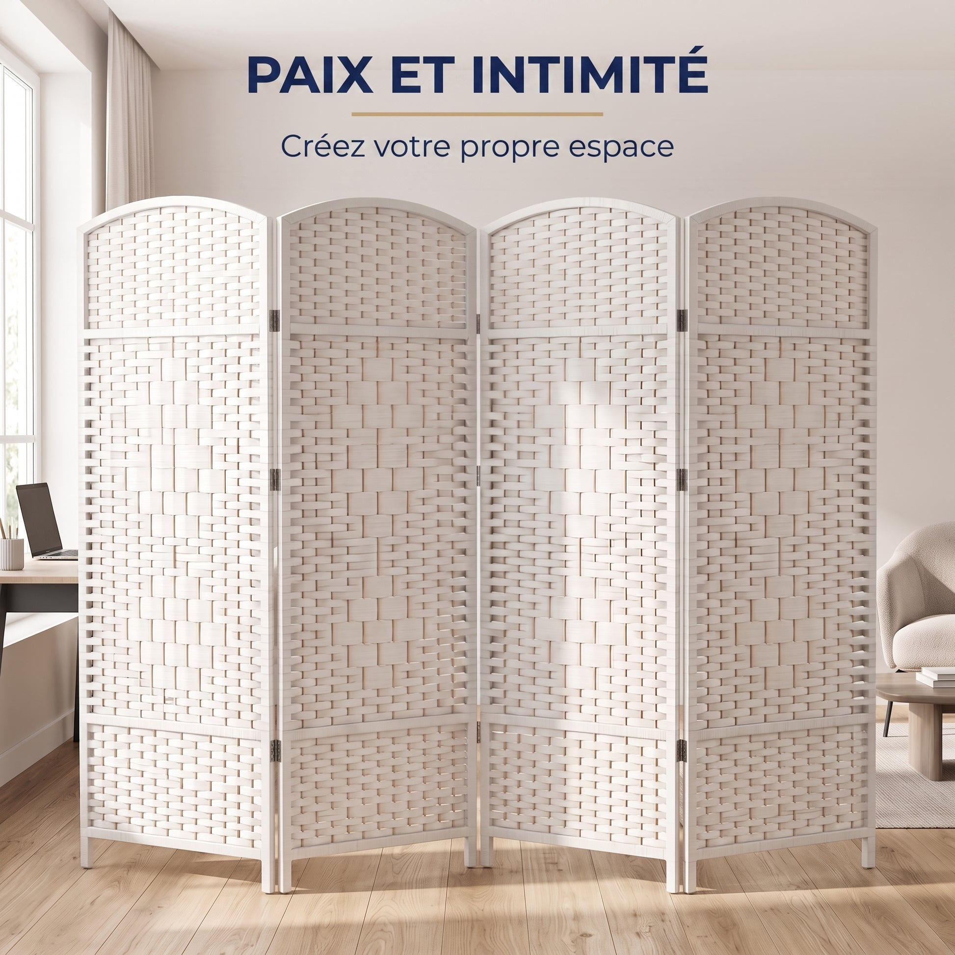 IvoQ Paravent pliable - 4 panneaux - 170 x 160 cm - Blanc