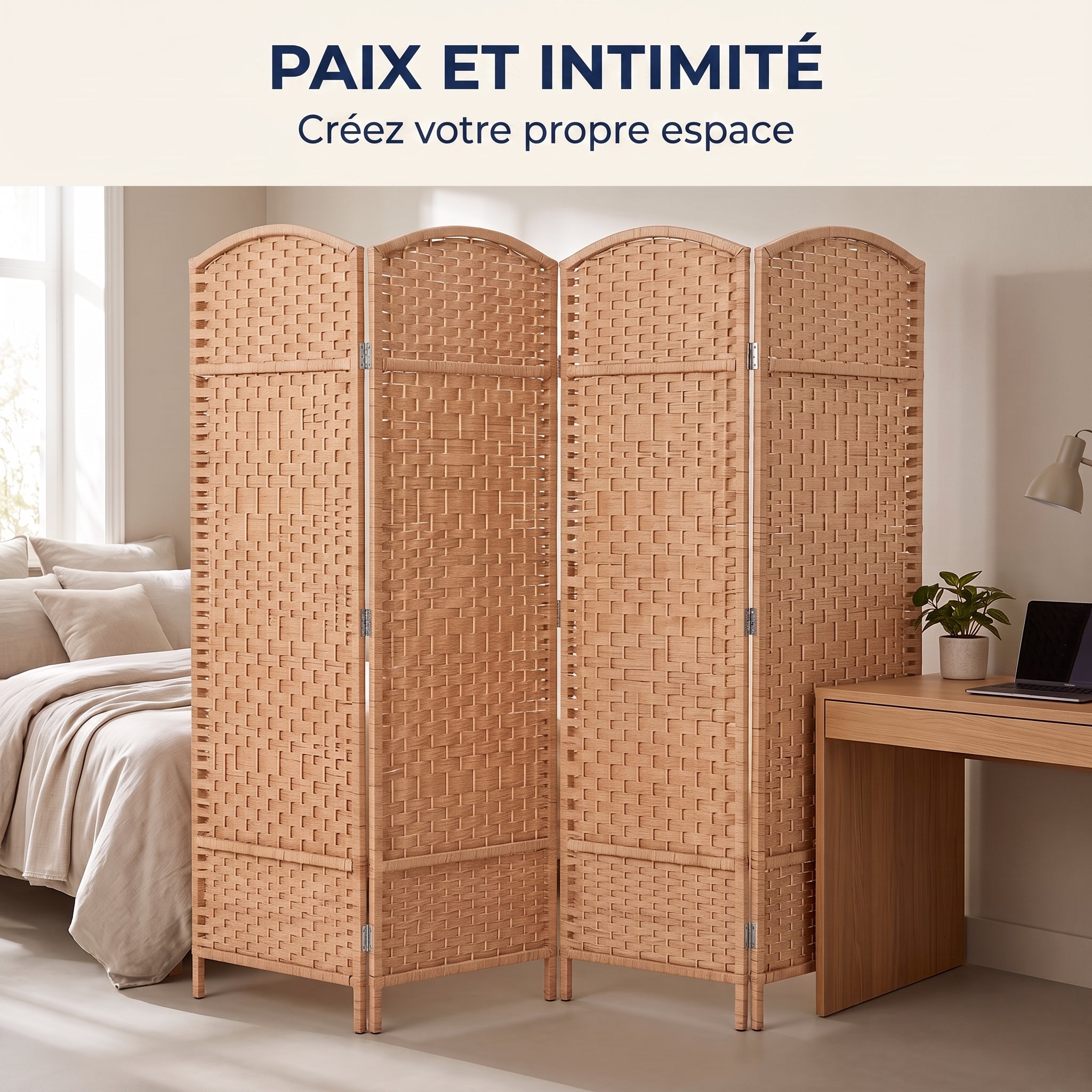 IvoQ Paravent – 4 panneaux – 170 x 160 cm – Séparateur de pièce pliable – Brun naturel