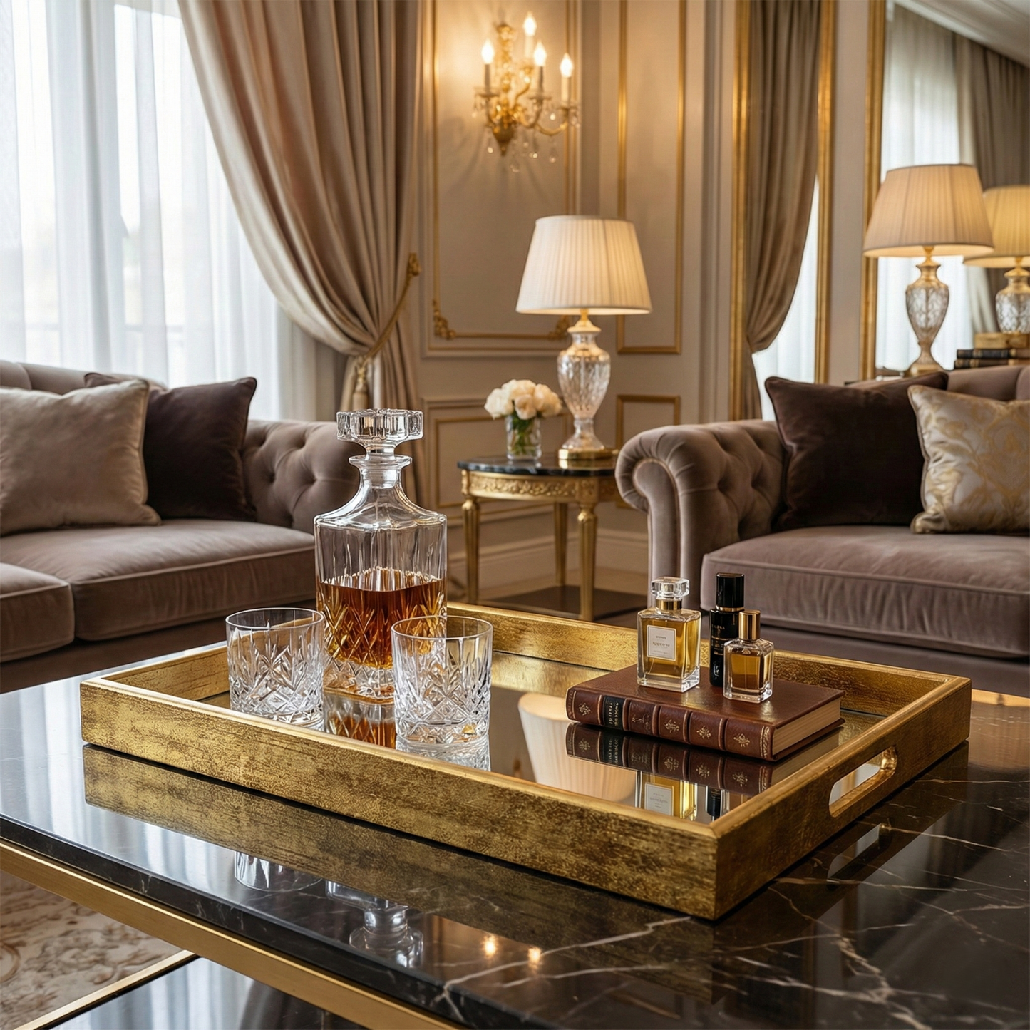 Plateau doré de luxe IvoQ avec fond miroir