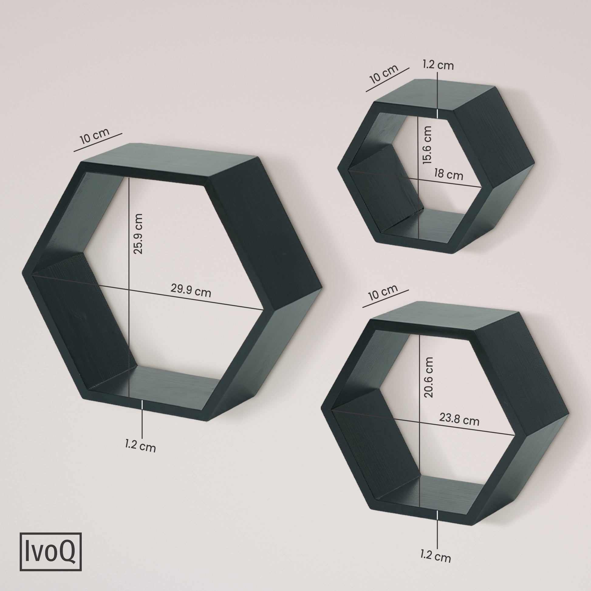 IvoQ Wandplanken Hexagon Set 3 stuks Zwart-IvoQ