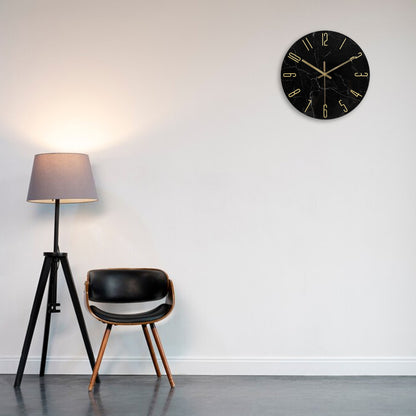 IvoQ Zwarte Marmerlook Wandklok met Gouden Details Glas Ø 30 cm-IvoQ