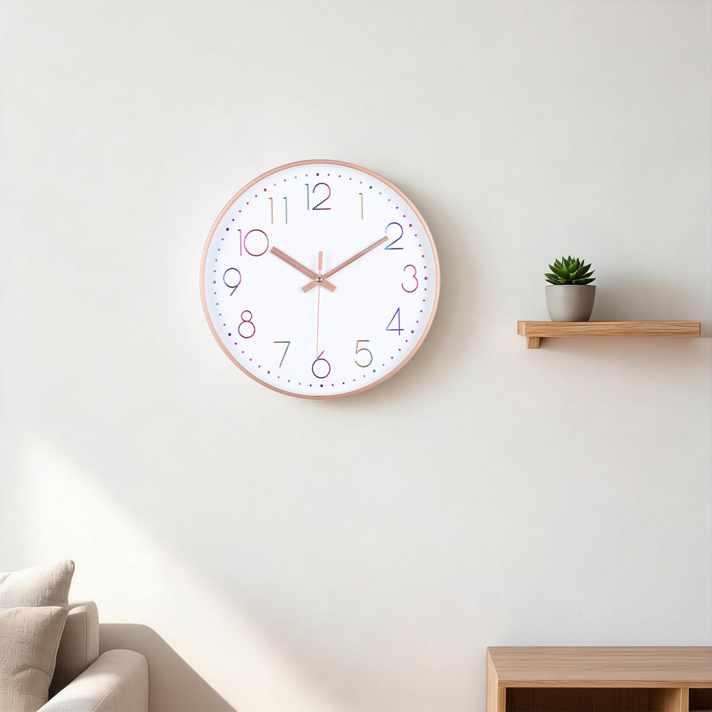 IvoQ Moderne Wandklok - Stil Uurwerk - Rosé Goud & Gekleurde 3D Cijfers - Analoog - Niet Tikkend - 30 cm